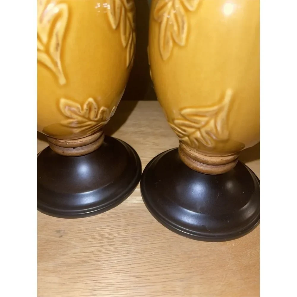 Retired Target Pair of Amber Leaf Embossed Ceramic Candle Holders Pillar Taper